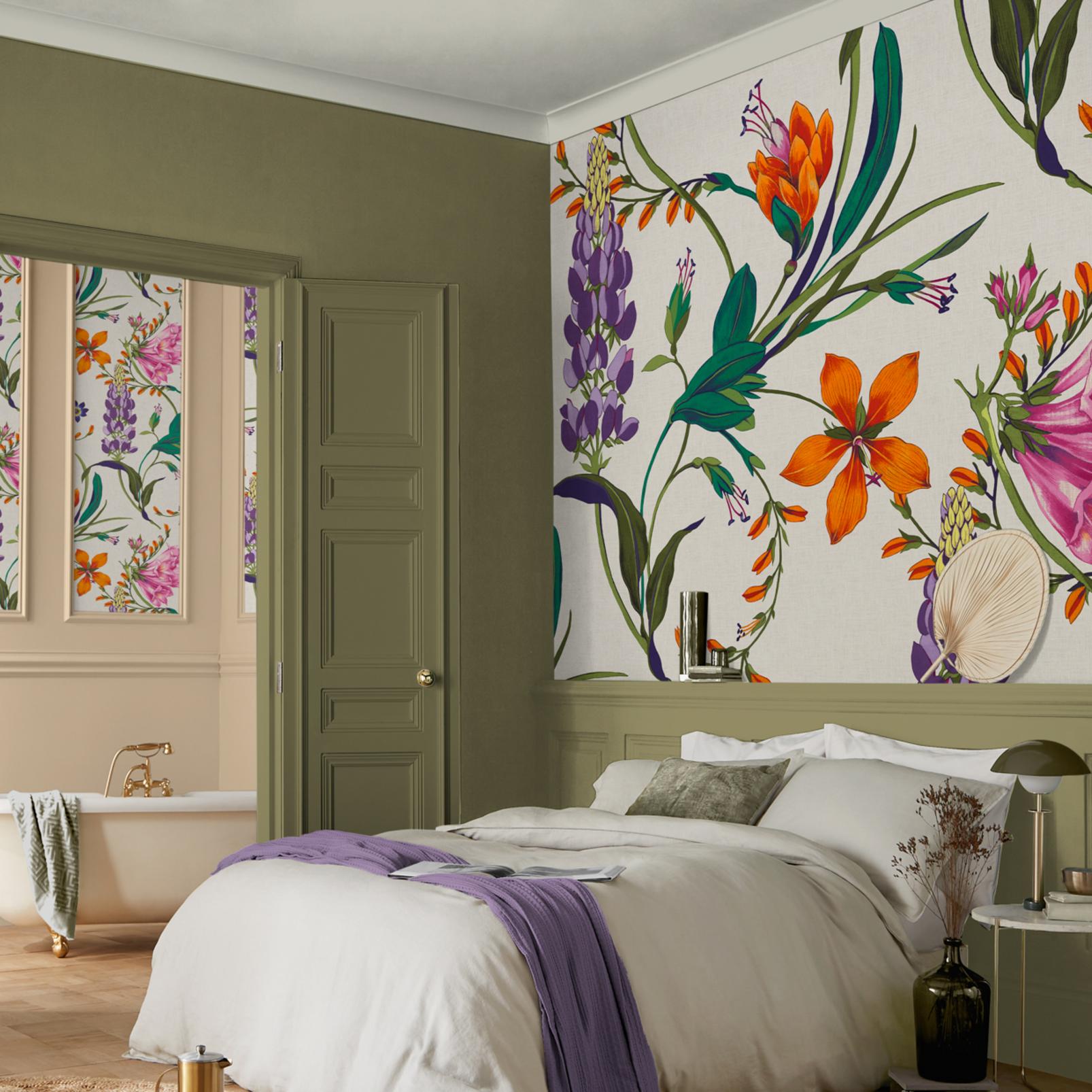Colorful floral mural installed in a bedroom